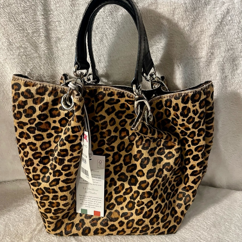 NWT Maurizio Taiuti Leopard Print Leather Hand Bag with Black Handles